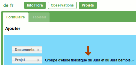 Sélection du projet Filago dans le formulaire d'envoi de données du carnet en ligne Info Flora